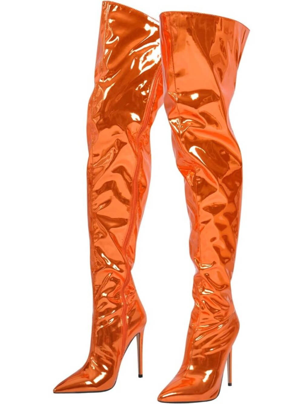 Women's Orange Metallic Side Zipper Pointed Toe Thigh-High Stiletto Heel Boots